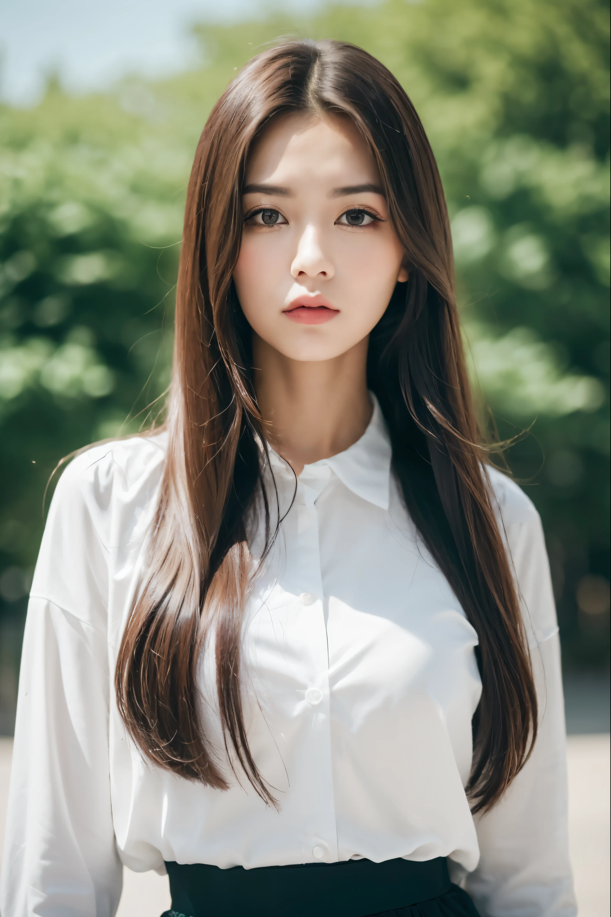 ((best qualtiy, 8K, tmasterpiece:1.3)), Focus:1.2, perfect figure beautiful woman:1.4, Cocked buttocks:1.2, (big tits),Highly detailed facial and skin texture, A detailed eye, double eyelid，Whiten skin, long straight hair，serious face, big breasts, pink skirt, white shirt, cute girl, cute serious face