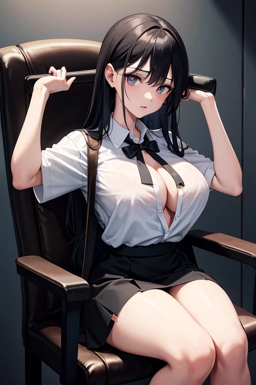25 year old girl, Italian features, long loose black hair, super mega gigantic breasts, white shirt untied and torn, , black mini skirt, horror movie dungeon, tied to a horror movie torture chair, her arms are tied to the armrests of the chair, she is wearing a slave collar, her breasts are tied together