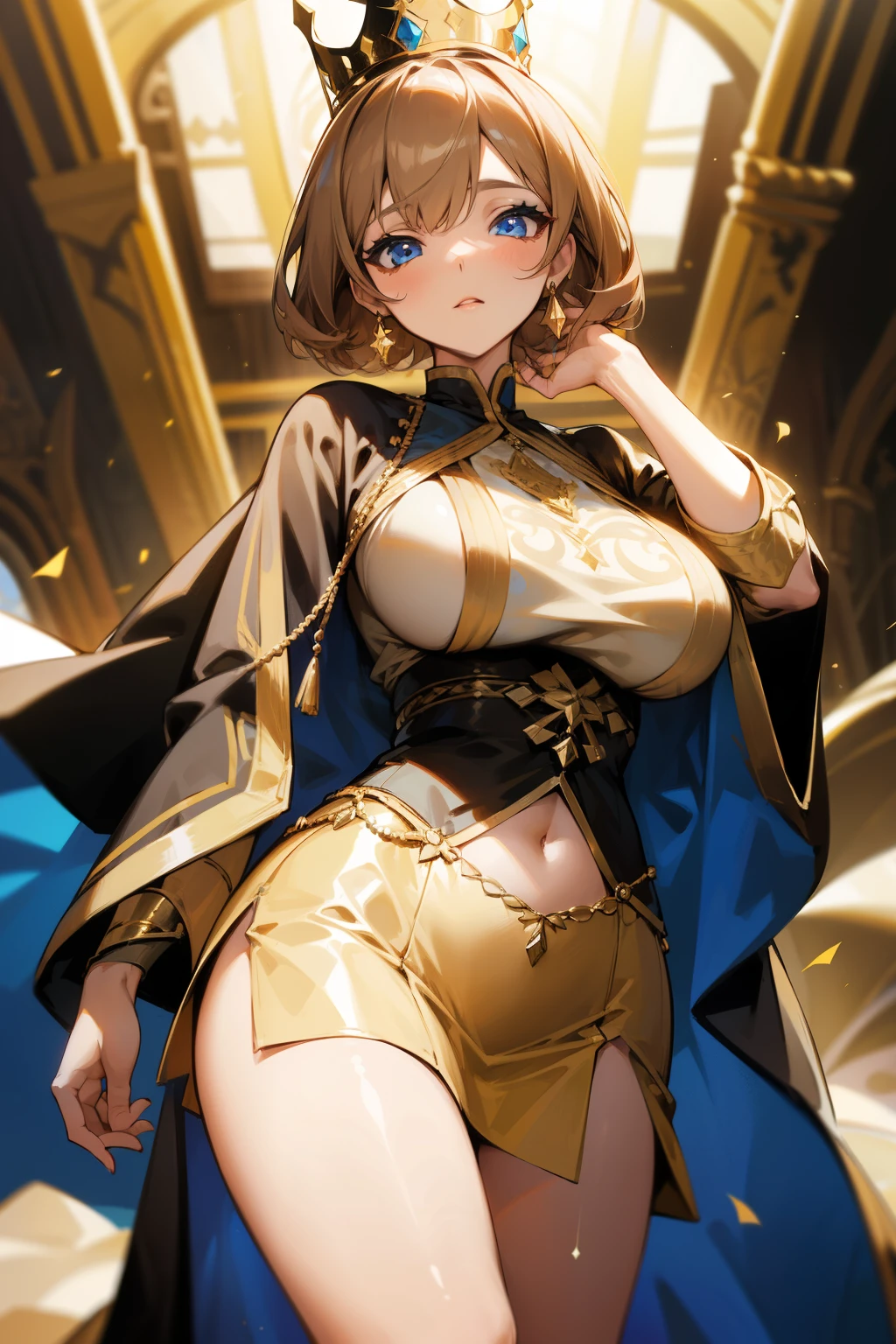 Girl, queen, crown, short light brown hair, blue eyes, gold clothes, big breasts, exposed belly, short skirt, embellished abaya,