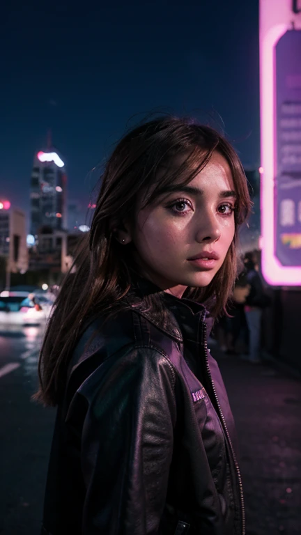 Una chica con el rostro de Ana de armas, estilo synthwave, con un fondo de una Ciudad futurista