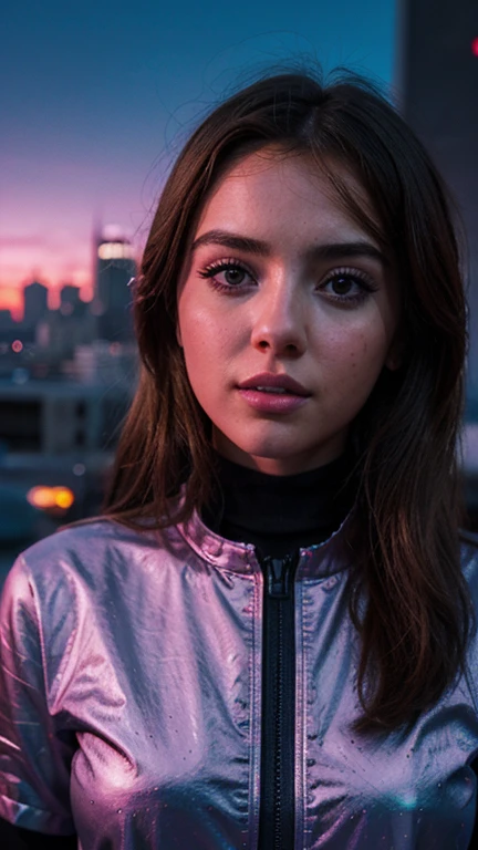 Una chica con el rostro de Ana de armas, estilo synthwave, con un fondo de una Ciudad futurista