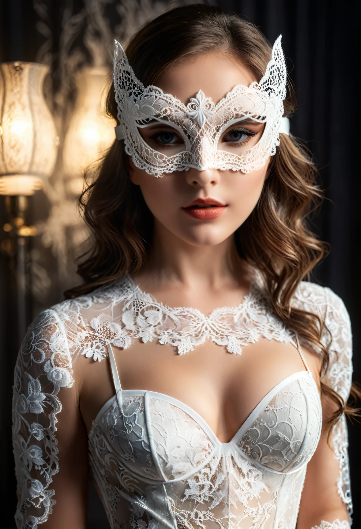 a woman wearing a sexy white lace dress, white lace masquerade mask, detailed facial features, beautiful eyes, flawless skin, elegant pose, intricate lace patterns, high-fashion studio lighting, full body shot, cinematic atmosphere, warm soft lighting, photorealistic, 8k, masterpiece