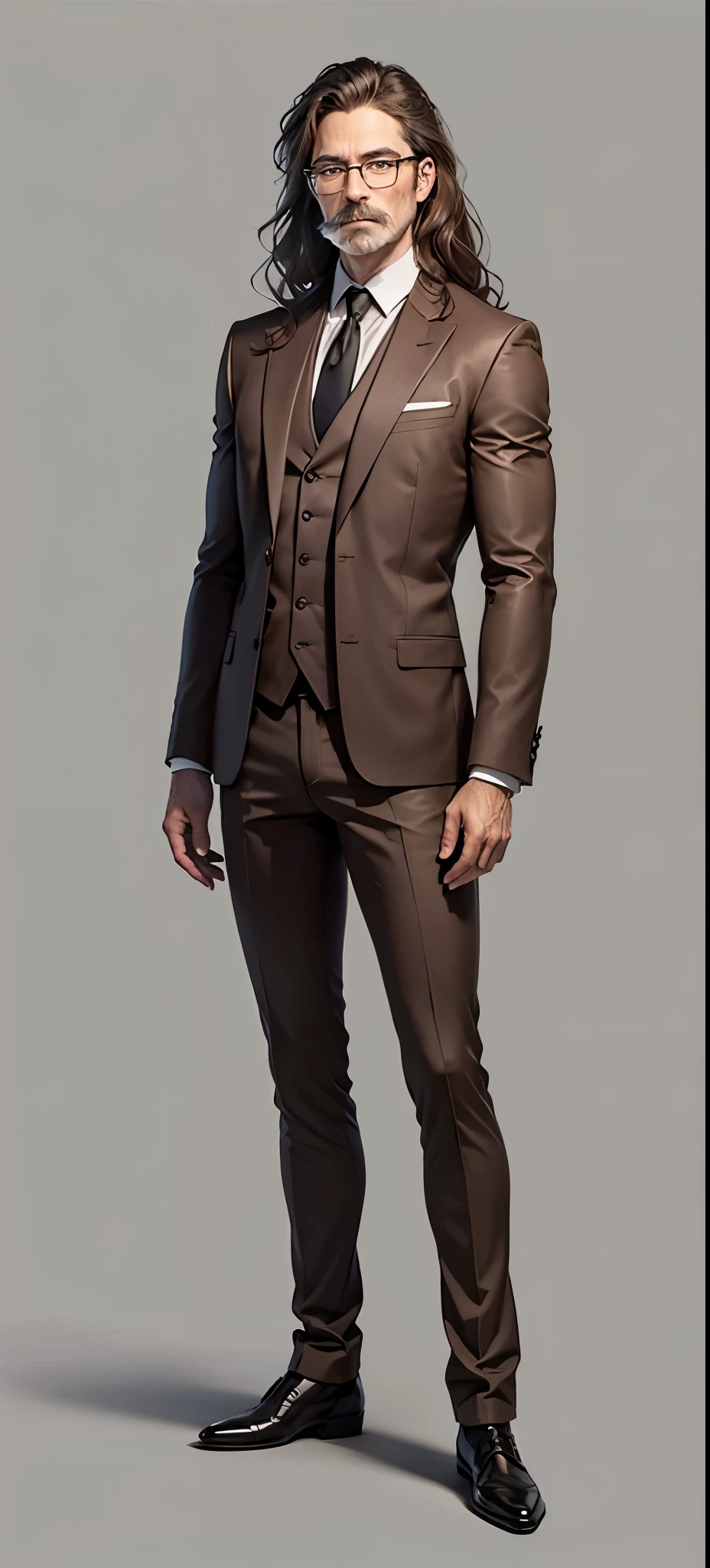 full-length man, classical style +1, relaxed pose, straight arms down, straight legs, male, man, 46 years old, psychopath archetype, brown eyes, Central European phototype skin, brown, elongated, slightly wavy hair. Other signs: glasses, mustache