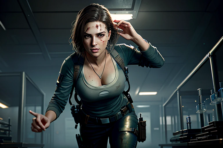 (running:1.6), (((scifi lab))), intricate, masterpiece, best quality, highly detailed, from_side, jill_valentine, brown_hair, thigh_strap, (action scene), (breasts_apart:1.2), (from_below:1.7), longsleeve blue shirt, belt, pants, police, cleavage, (downblouse), necklace, (scared:1.5), (((sweat))), (monitors with medical data), biohazard, biological research lab, (((blood splatter))), documents, lab instruments, wires, wet_hair, thigh_holster, dreamlikeart, freckles, nostalgia, sexy, Atey Ghailan, Studio Ghibli, by Jeremy Mann, Greg Manchess, Antonio Moro, trending on ArtStation, trending on CGSociety, Intricate, High Detail, Sharp focus, dramatic, photorealistic painting art by midjourney and greg rutkowski, asymmetrical_hair, fog, sweat, exhaustion, small breasts, tomb raider, absurdres, wet_hair, enormous hair, messy hair, hair_over_one_eye , 1girl, small fine sweat, wet, wide hips, messy_hair, thick_eyebrows, brown eyebrows, thick_lips, long_hair, head_tilt, depth of field, dynamic pose, dramatic angle, unreal engine, 8k, highly detailed, unreal engine, photo, photorealistic, hyperrealistic, cinematic lighting, cinematic composition, beautiful lighting, sharp, details, hdr, 4k,