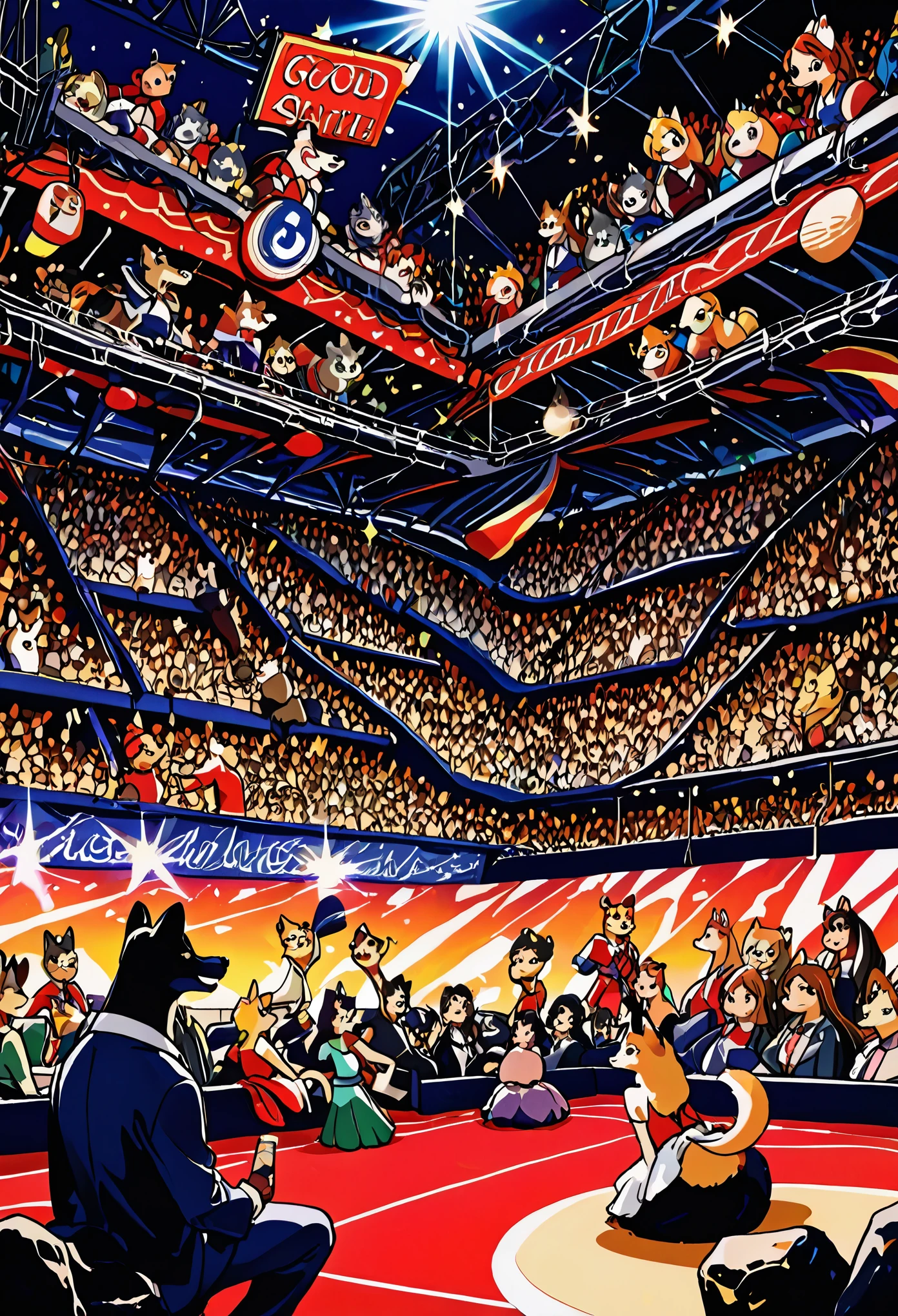 top quality, best quality, High-quality illustrations, masterpiece, super high resolution, detailed background, Rock Band Concerts, Musical instrument performance, Stage Performance, hot air, 6+boys, 6+girls, absurdres(highly detailed beautiful face and eyes)perfect anatomy, expression, good lighting, cinematic shadow(kemono, furry anthro),