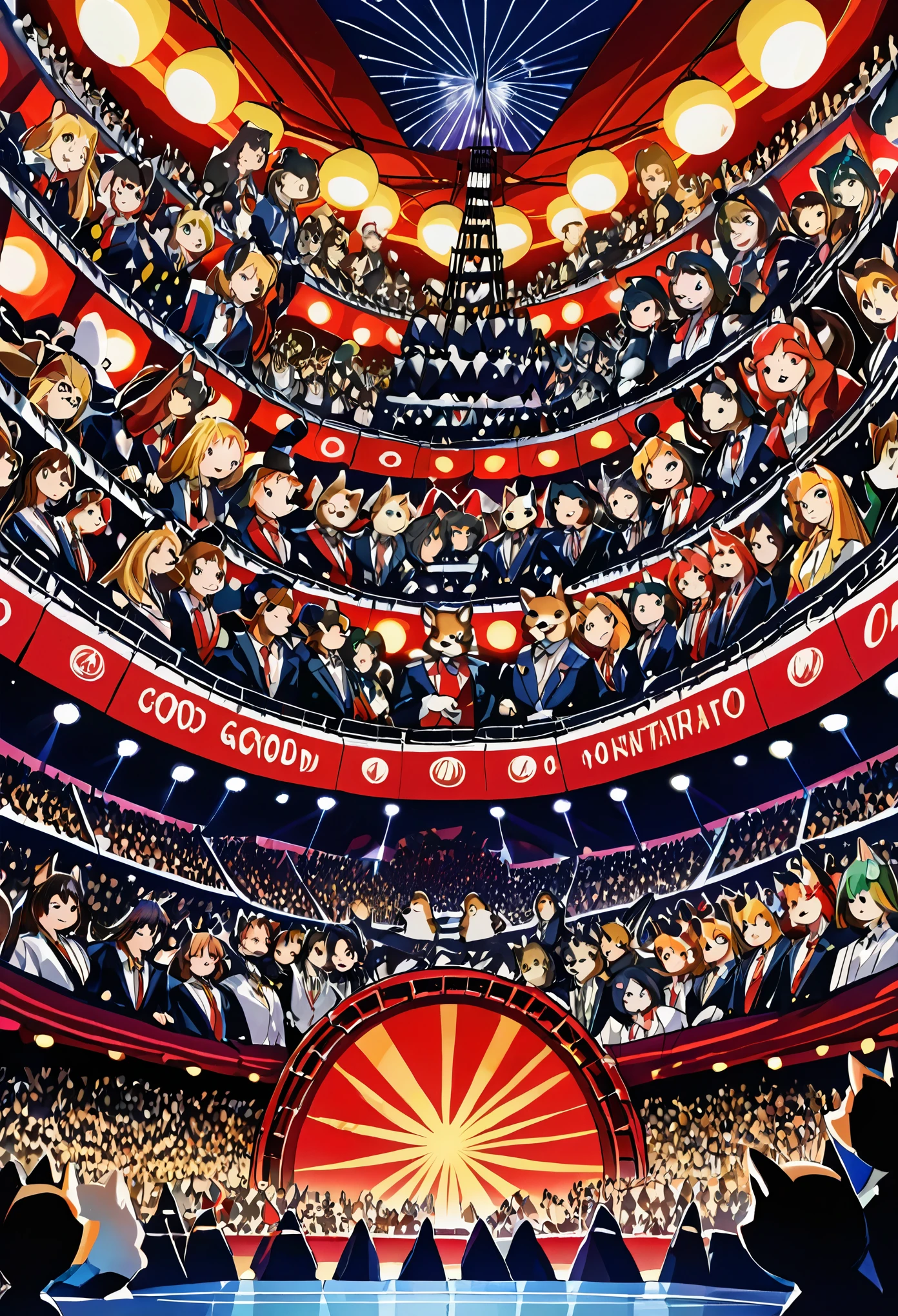 top quality, best quality, High-quality illustrations, masterpiece, super high resolution, detailed background, Rock Band Concerts, Musical instrument performance, Stage Performance, hot air, 6+boys, 6+girls, absurdres(highly detailed beautiful face and eyes)perfect anatomy, expression, good lighting, cinematic shadow(kemono, furry anthro),