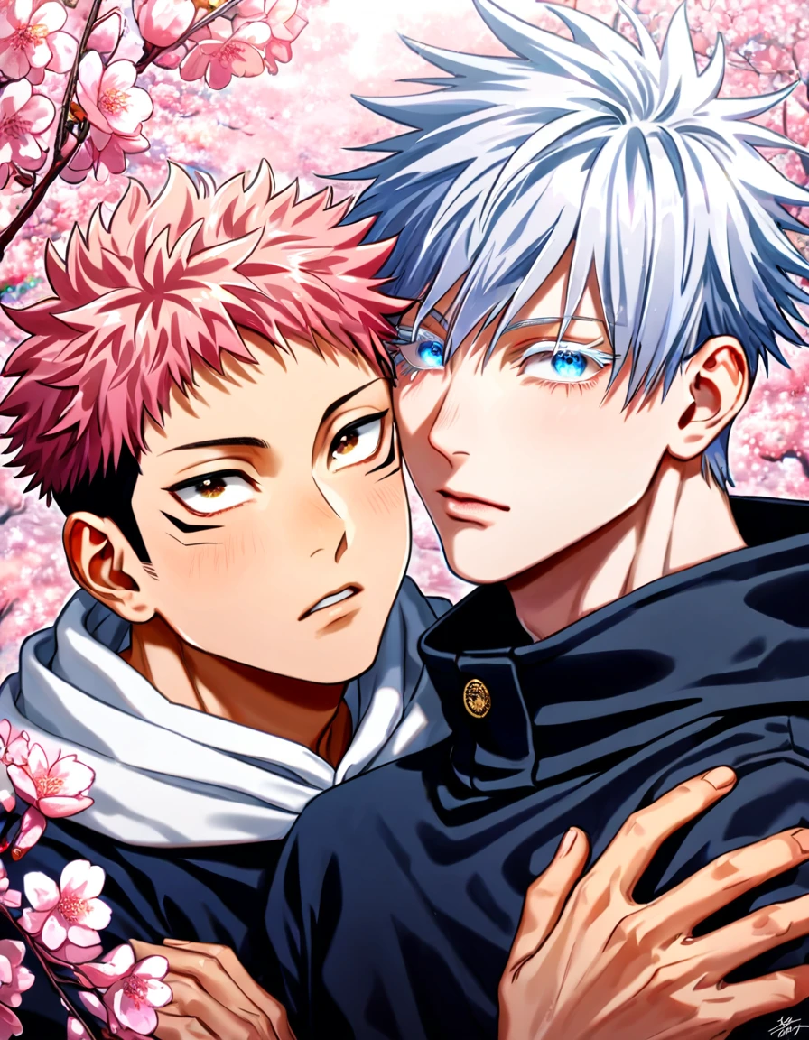 absurdres, highres, ultra detailed, HDR) master piece, best quality, Itadori Yuuji, pink hair, expressive brown eyes, Jujutsu Kaisen, Gojou Satoru, white hair, with bangs, expressive blue eyes, white eyelashes, two sexy men together, gay couple, yaoi, handsome, black hoodie, white hoodie, pink cherry blossoms, pink butterflies, pink glittering background, pink flowers, park