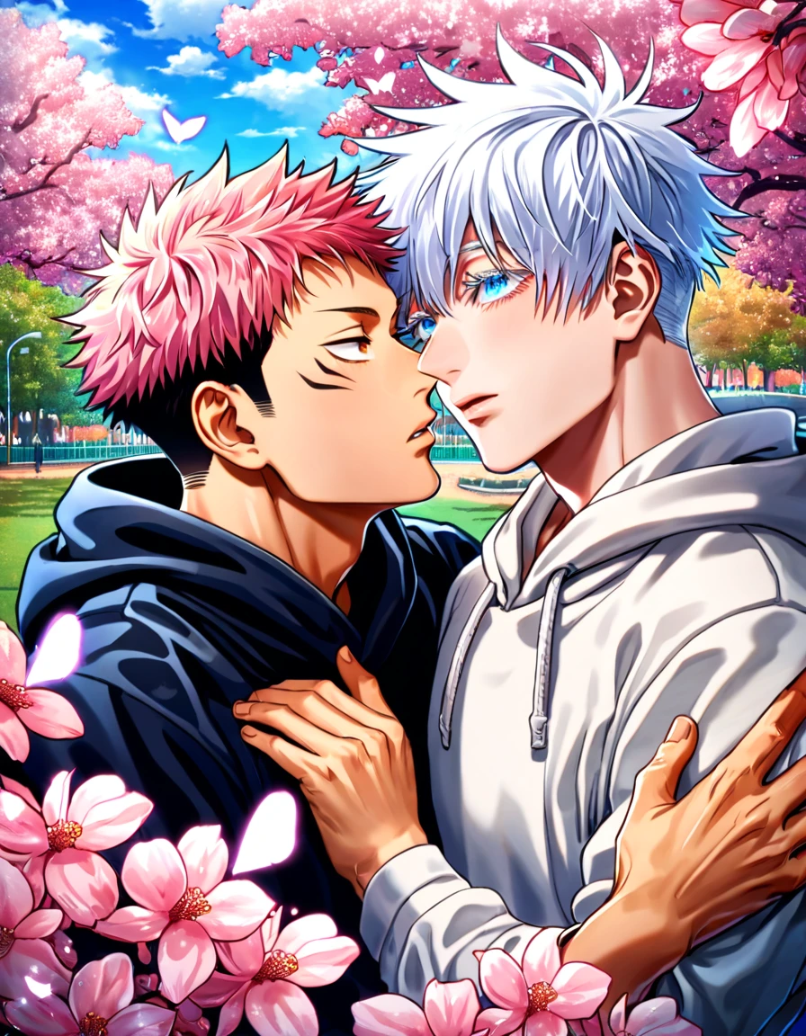 absurdres, highres, ultra detailed, HDR) master piece, best quality, Itadori Yuuji, pink hair, expressive brown eyes, Jujutsu Kaisen, Gojou Satoru, white hair, with bangs, expressive blue eyes, white eyelashes, two sexy men together, gay couple, yaoi, handsome, black hoodie, white hoodie, pink cherry blossoms, pink butterflies, pink glittering background, pink flowers, park