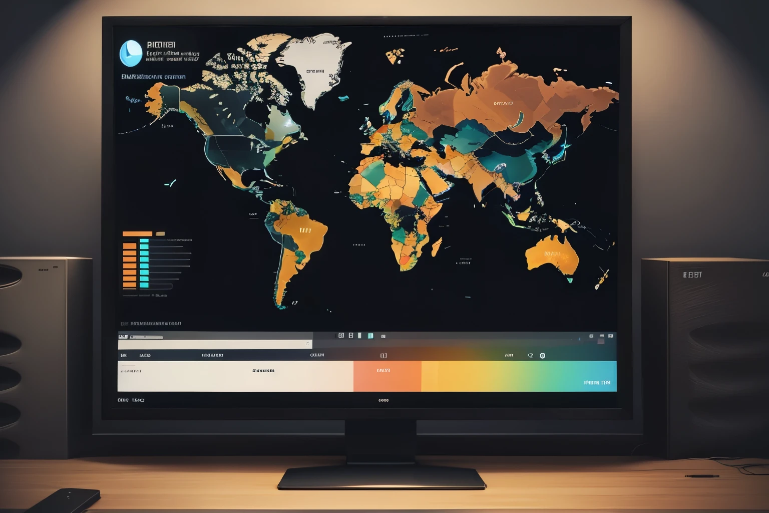 large computer screen with black background showing pie charts on screen