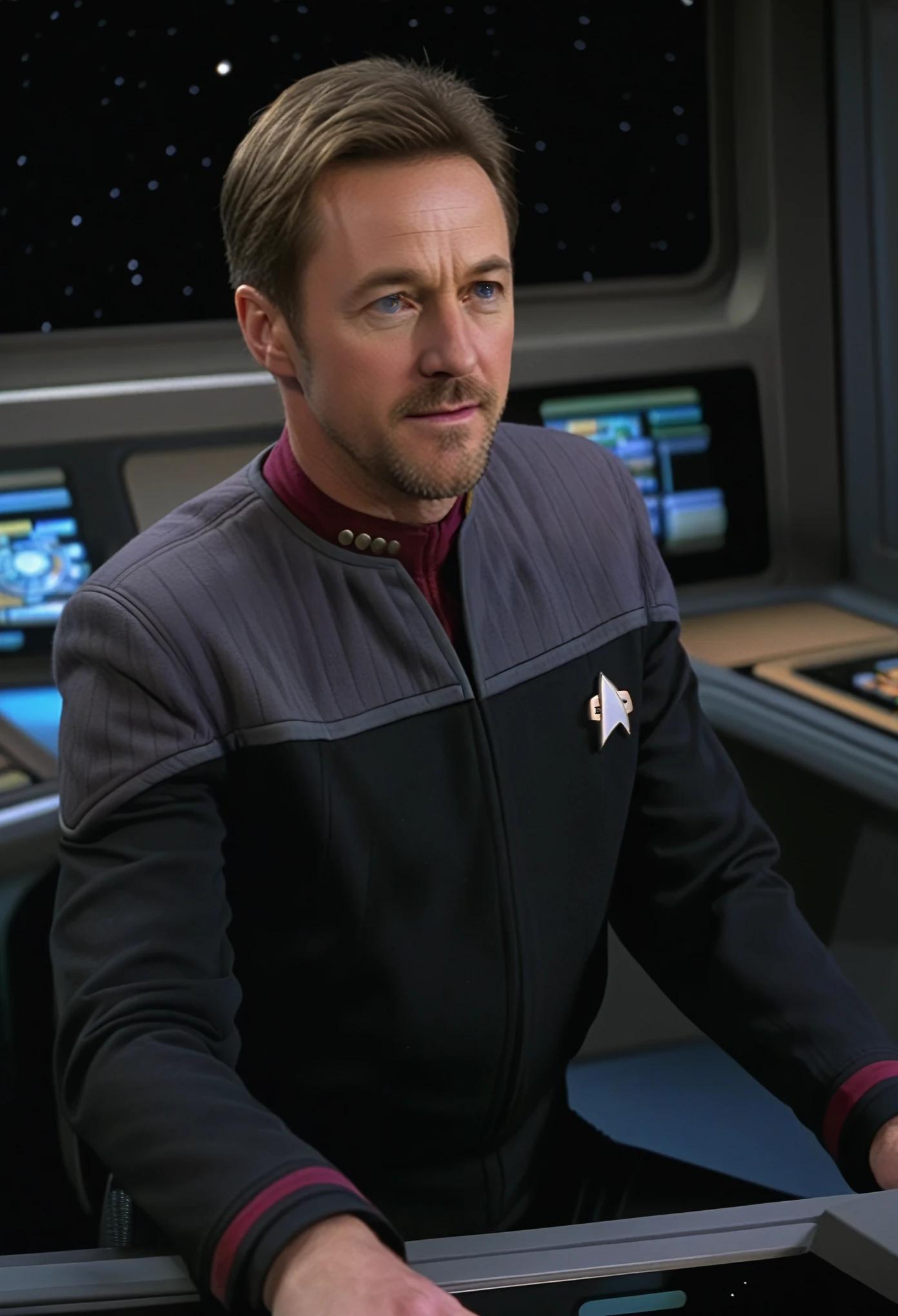 Wide angle view, Vollbild, Edward Norton, ein Mann in roter Star Trek-Uniform, on the bridge of the Enterprise, DS9ST UNIFORM, Star Trek, on the bridge of the Enterprise, sitzt auf dem Stuhl des Captains, Fantasieplanet, futuristische Raumschiffe, ((perfekte Augen, detaillierte Augen,realistische Augen)), ((scharfes Gesicht, detailliertes Gesicht, realistisches Gesicht, naturtal skin, realistische Haut, DETAILLIERTE HAUT, Poren)), panorama view