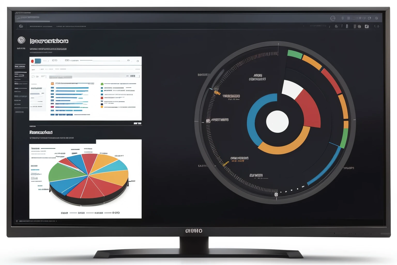 large computer screen with black background showing pie charts on screen