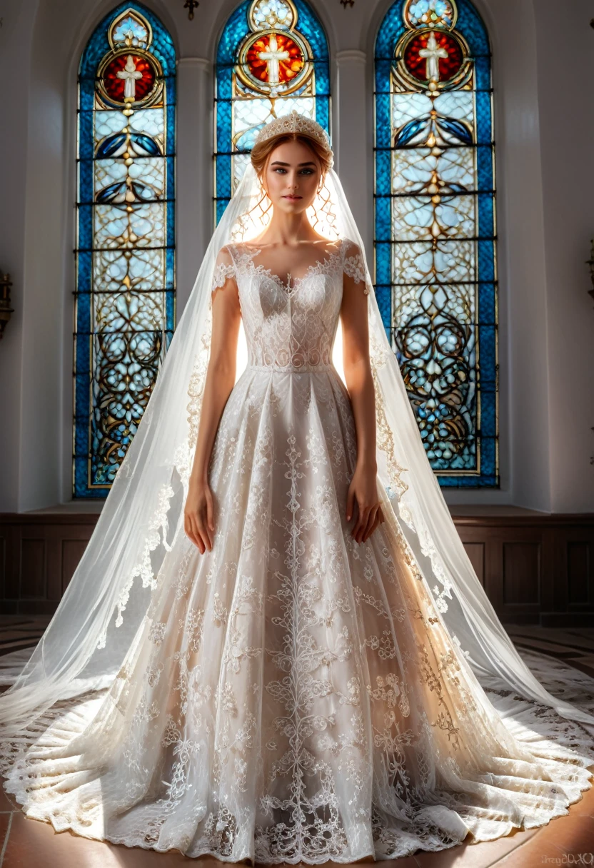 Classical wedding scene, The sunlight passes through the stained glass of the church and falls on the bride wearing an exquisite white lace wedding dress. The handmade lace patterns on the skirt and the headdress are gently intertwined, reflecting a sacred and romantic atmosphere, (masterpiece, best quality, Professional, perfect composition, very aesthetic, absurdres, ultra-detailed, intricate details:1.3)