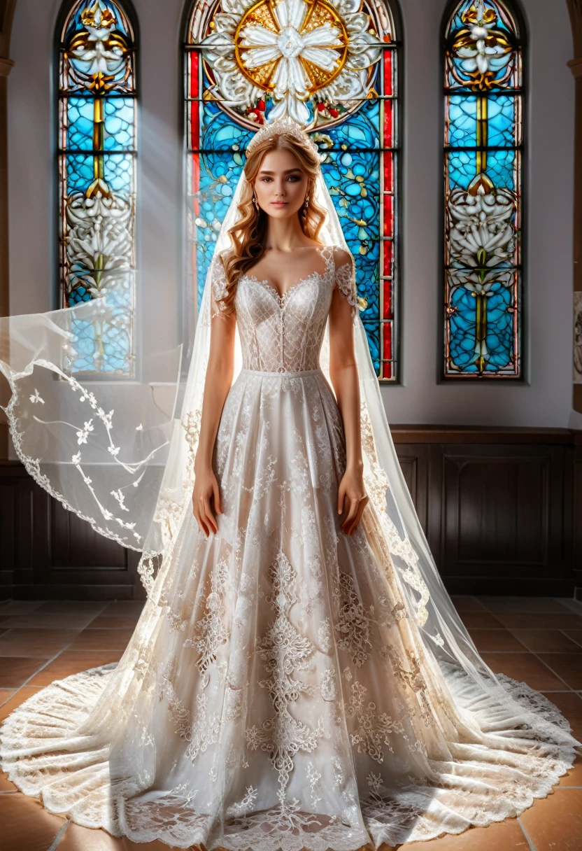 Classical wedding scene, The sunlight passes through the stained glass of the church and falls on the bride wearing an exquisite white lace wedding dress. The handmade lace patterns on the skirt and the headdress are gently intertwined, reflecting a sacred and romantic atmosphere, (masterpiece, best quality, Professional, perfect composition, very aesthetic, absurdres, ultra-detailed, intricate details:1.3)