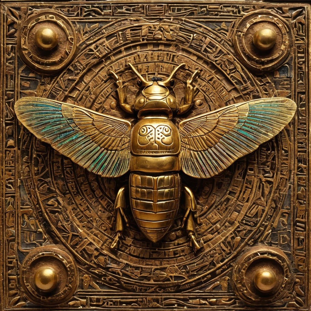 scarab,egyptian art,hieroglyphs,egyptian artifact,detailed beetle,ancient egyptian,enigmatic symbols,precious stone inlay,mythical creature,burnished gold,noble pharaohs,eclectic treasures,sacred amulet,ornately carved figurine,preserved history,eternal beauty,rich cultural heritage,ancient civilization,spiritual significance,divine protection,Ra's sacred animal,luck and rebirth,mysterious carvings,ceremonial jewelry,decorative motifs,bejeweled wings,amazing craftsmanship,cryptic inscriptions,royal cartouche,ancient wisdom,heavy symbolism,splendid elegance,complex patterns,mythological significance,glorious empire,timeless artifacts,astral connections,artistic legacy,immortal charm,intertwined narratives,majestic representation,ephemeral human existence