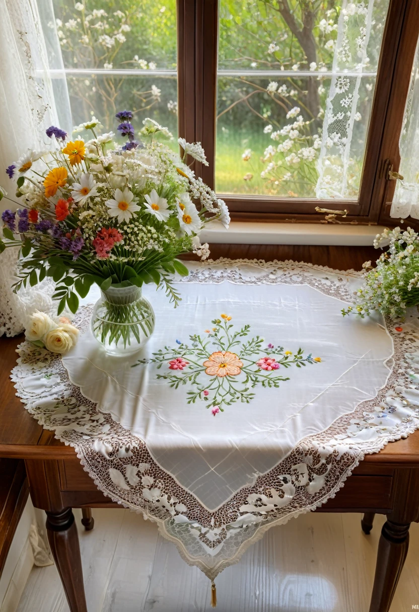 A corner of the retro living room, A white lace tablecloth is laid on an antique wooden table, with intricate flower patterns embroidered on the edges. Above it is a elegant bouquet of wildflowers, and the breeze outside the window gently sways the lace, (masterpiece, best quality, Professional, perfect composition, very aesthetic, absurdres, ultra-detailed, intricate details:1.3)