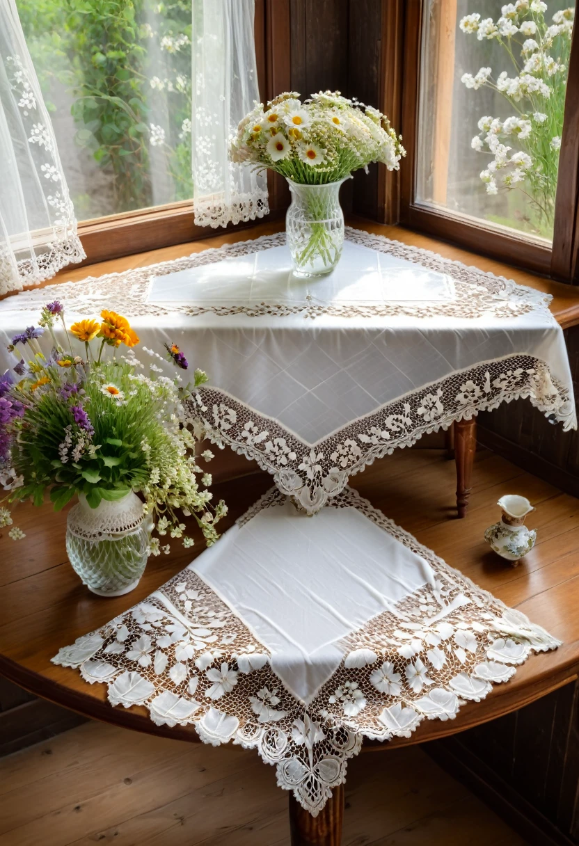 A corner of the retro living room, A white lace tablecloth is laid on an antique wooden table, with intricate flower patterns embroidered on the edges. Above it is a elegant bouquet of wildflowers, and the breeze outside the window gently sways the lace, (masterpiece, best quality, Professional, perfect composition, very aesthetic, absurdres, ultra-detailed, intricate details:1.3)