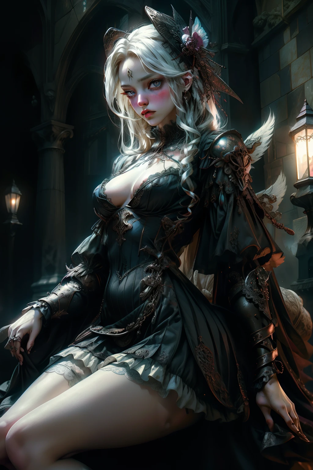 ((best quality)), ((masterpiece)), (detailed), plain background, white background, Bloodborne inspired, occult aesthetic, occult, detailed and intricate steampunk and detailed gothic, NSFW, Very dramatic and cinematic lighting, cosmic horror, grim-dark, side-lighting, perfect face, a beaituful goddess valkyrie adorned and enshrined in armour, Bloodborne inspired valkyrie, occult aesthetic valkyrie, occult valkyrie, detailed and intricate steampunk and detailed gothic valkyrie, Fluttering lace flared long knee length dress with frilly petticoats, long dress, knee length dress, pleated petticoats, ta dress, petticoats gothic loliside-lighting, gothic lolita aetic, beautiful small breasts, small breasts, full body, whole body, body