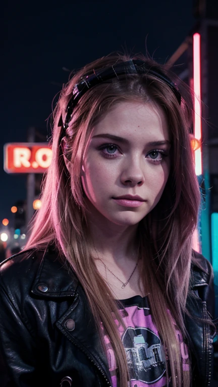 Una chica con el rostro de Avril lavigne, estilo synthwave, con un fondo de una Ciudad futurista
