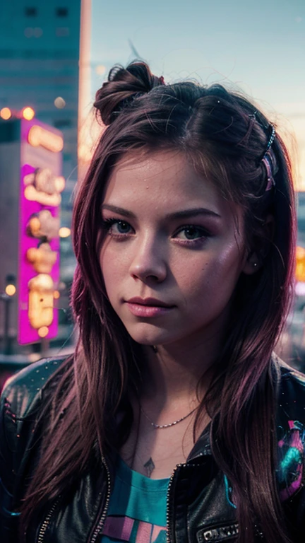 Una chica con el rostro de Avril lavigne, estilo synthwave, con un fondo de una Ciudad futurista