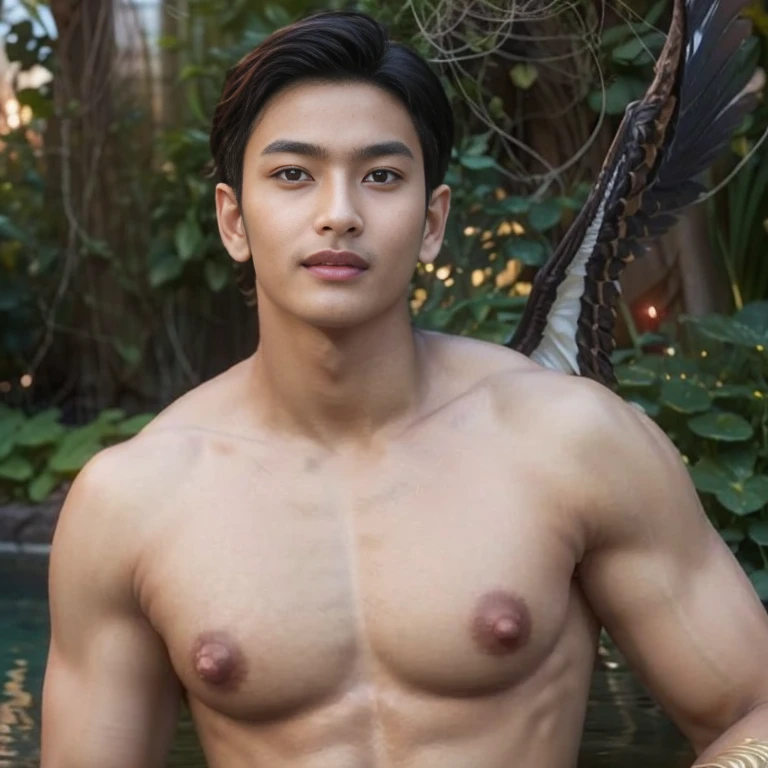hyper realistic oil painting of a male, age 18, handsome indonesian men, face gill ofarim young,wear rope harness, two large wings, [by Alphonse Mucha: john william waterhouse: Charles Dana Gibson: charlie bowater: 0.6], natural red lips, small moustache, fierce look, fit body, bare chest, puffy_nipples, erect_nipples, detailed face, detailed physique, abdominal muscles, well built bodybuilder, macho, oily body, detailed feathers, wear gold head band, gold shoulder band, gold necklace, gold crown, wear g-string, hair bund, long-haired, Real texture, sarong batik, sharp focus, highly detailed, artstation, cgsociety, bokeh background in the pond garden full of rose flower, decorative art deco, symmetrical, acurate, 16, rococo style, character design, cinematic lighting, drop shadow, blending, backlighting, glowing light, sparkle, depth of field, reflection light, high detail, best quality, masterpiece, super detail, high details, uhd, highres, textured skin, anatomically correct, award winning,