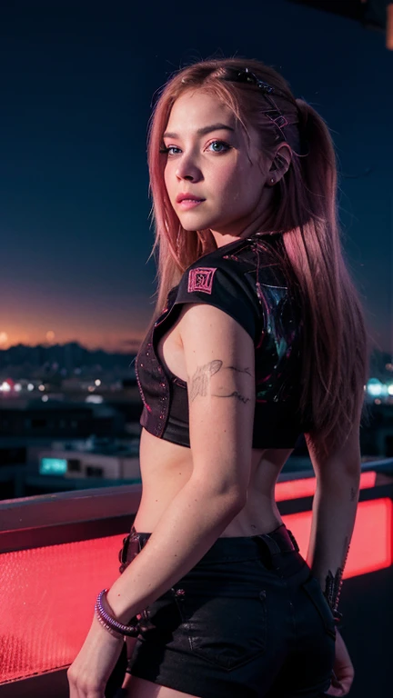 Una chica con el rostro de Avril lavigne, estilo synthwave, con un fondo de una Ciudad futurista