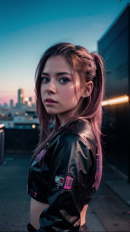 Una chica con el rostro de Avril lavigne, estilo synthwave, con un fondo de una Ciudad futurista