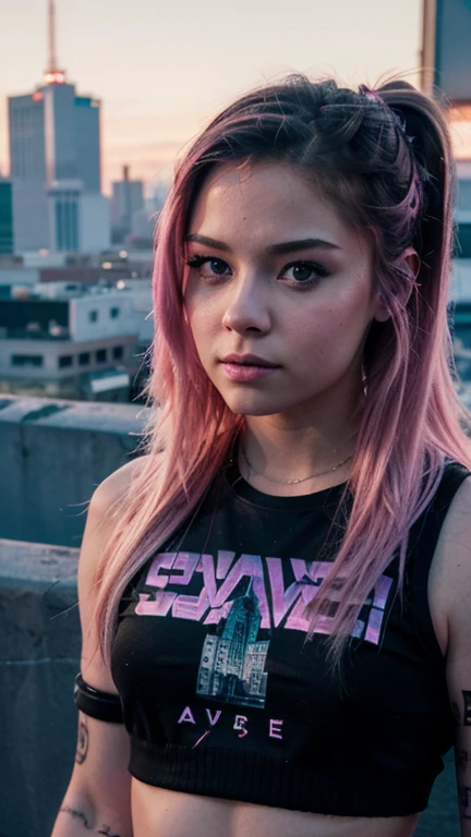 Una chica con el rostro de Avril lavigne, estilo synthwave, con un fondo de una Ciudad futurista