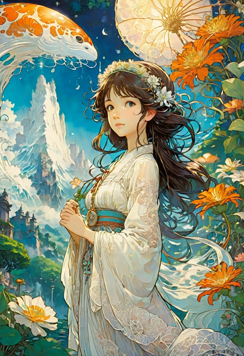 White Lace, by Studio Ghibli and Alphonse Mucha, best quality, masterpiece, very aesthetic, perfect composition, intricate details, ultra-detailed