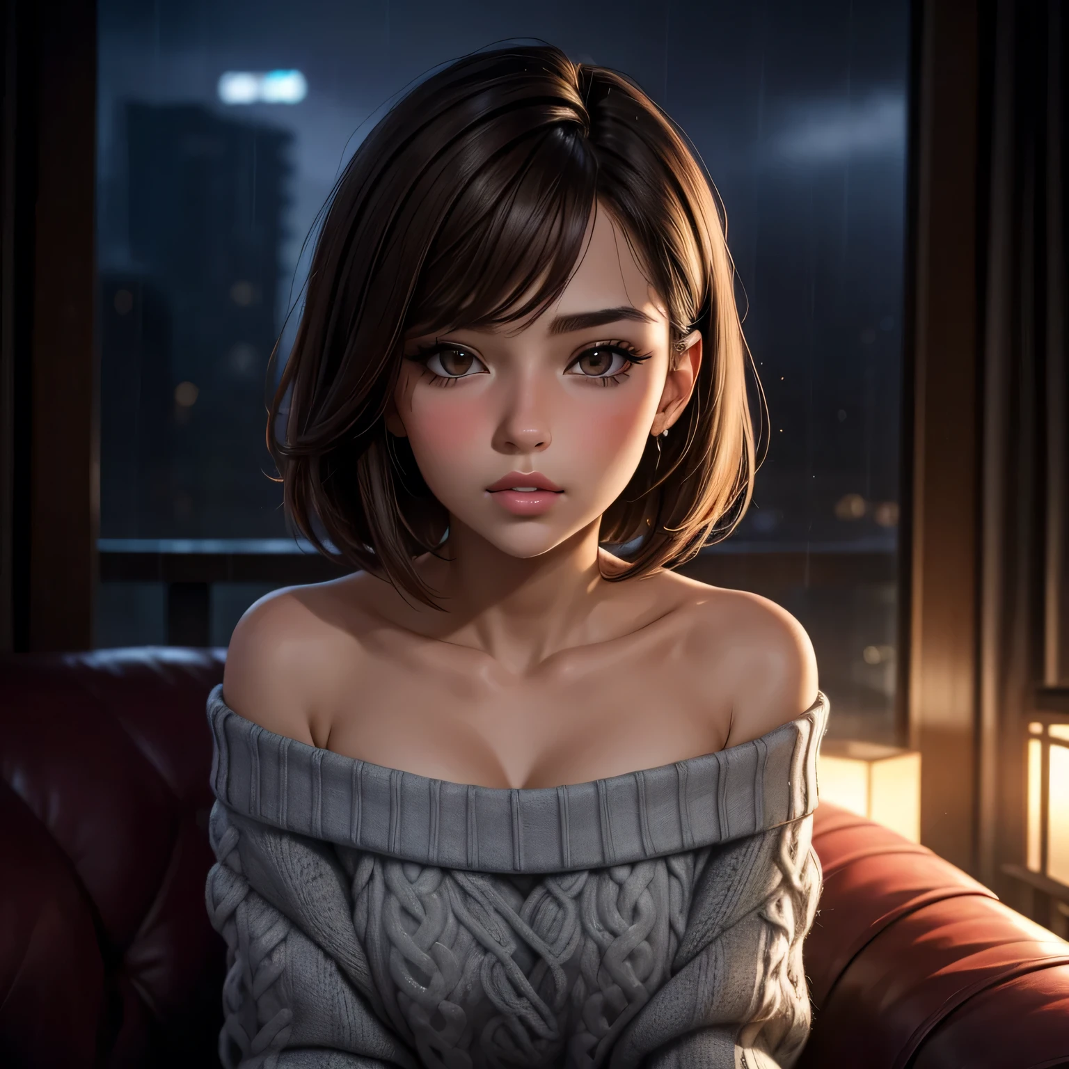Amazing portrait of a sexy and cute woman who is your best friend's sister who is alone at her home having a late night gaming session with her brown hair in a short bob style with soft eyes and parted lips with a deep blush wearing an off shoulder oversized grey sweater sitting on a couch during night time and it's raining outside with warm lighting inside