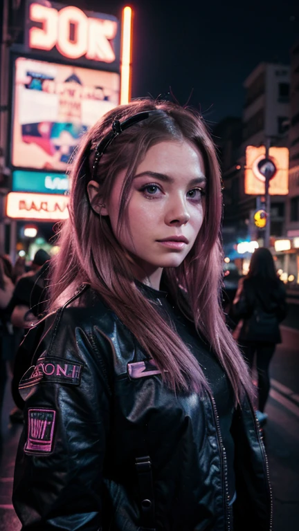 Una chica con el rostro de Avril lavigne, estilo synthwave, con un fondo de una Ciudad futurista