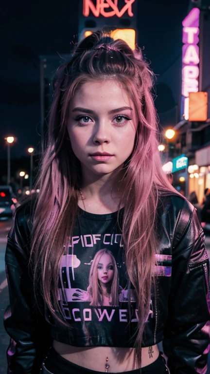 Una chica con el rostro de Avril lavigne, estilo synthwave, con un fondo de una Ciudad futurista