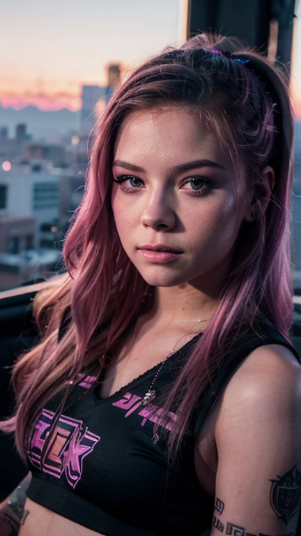 Una chica con el rostro de Avril lavigne, estilo synthwave, con un fondo de una Ciudad futurista