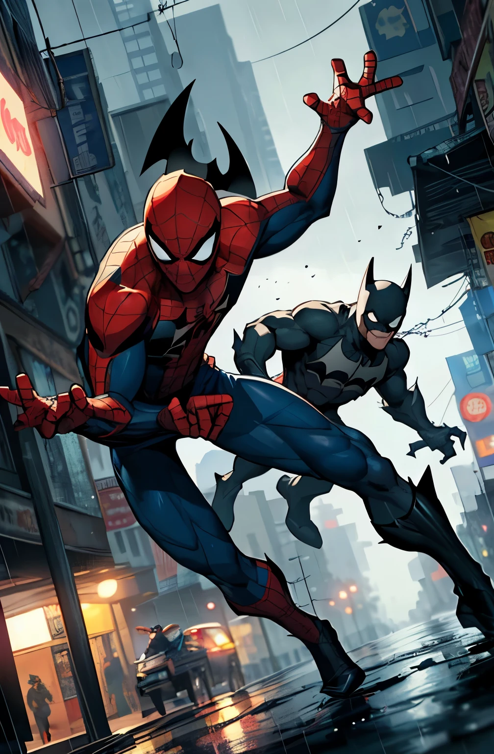 Spider-Man and batman do fighting in gautham City in havey rain