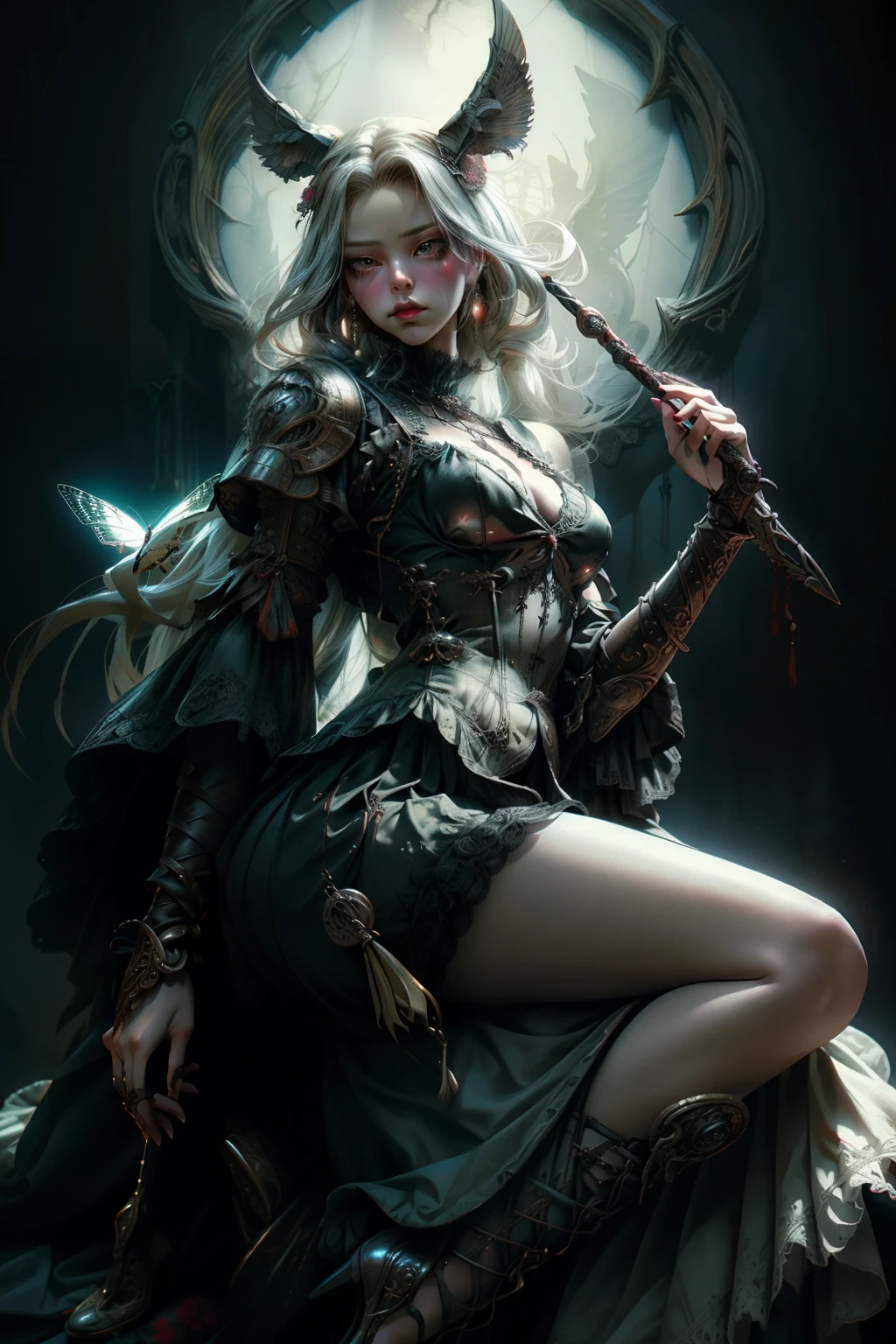 ((best quality)), ((masterpiece)), (detailed), plain background, white background, Bloodborne inspired, occult aesthetic, occult, detailed and intricate steampunk and detailed gothic, NSFW, Very dramatic and cinematic lighting, cosmic horror, grim-dark, side-lighting, perfect face, a beaituful goddess valkyrie adorned and enshrined in armour, Bloodborne inspired valkyrie, occult aesthetic valkyrie, occult valkyrie, detailed and intricate steampunk and detailed gothic valkyrie, Fluttering lace flared long knee length dress with frilly petticoats, long dress, knee length dress, pleated petticoats, lolita dress, petticoats gothic lolita, side-lighting, gothic lolita aesthetic, beautiful small breasts, small breasts, full body, whole body, body