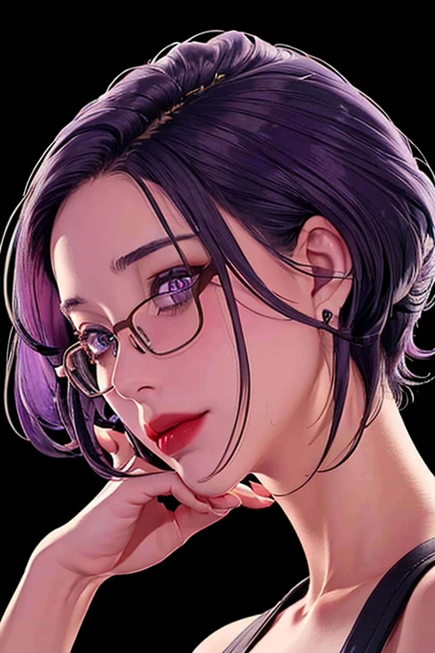 （（（Perfect number，number，Set， Grey shirt，Hip skirt（（（JMT,Glasses,Purple Hair,short hair,Purple Eyes,Michondev，Purple Eyes，Purple Hair，Medium Length Hair，）））型number:1.7））），((masterpiece)),high resolution, ((Best quality at best))，masterpiece，quality，Best quality，（（（ Exquisite facial features，looking at the audience,There is light in the eyes，Happy，Interweaving of light and shadow，））），（（（looking at camera，black background，exaggerated perspective , Ultra wide-angle shooting, Blurred hand foreground)）））