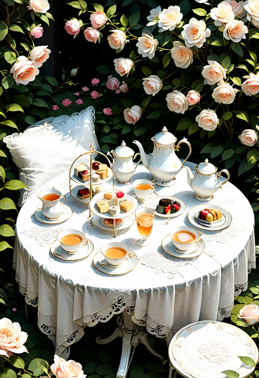 During afternoon tea time, a set of exquisite white lace tea sets is placed on the tea table in the garden, surrounded by blooming roses. The lace napkins are lightly draped on the knees, enjoying a leisurely afternoon, (masterpiece, best quality, Professional, perfect composition, very aesthetic, absurdres, ultra-detailed, intricate details:1.3)