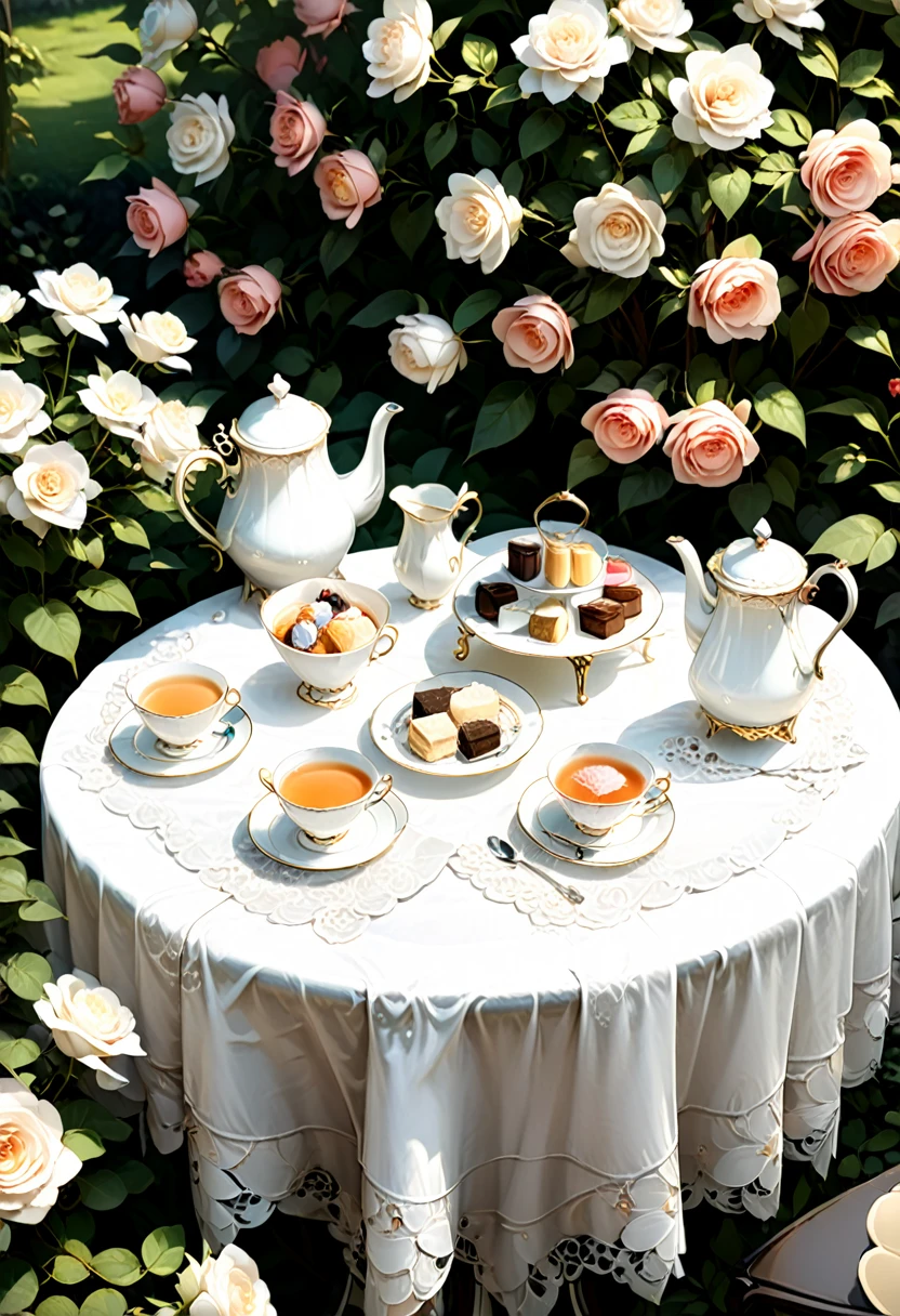 During afternoon tea time, a set of exquisite white lace tea sets is placed on the tea table in the garden, surrounded by blooming roses. The lace napkins are lightly draped on the knees, enjoying a leisurely afternoon, (masterpiece, best quality, Professional, perfect composition, very aesthetic, absurdres, ultra-detailed, intricate details:1.3)