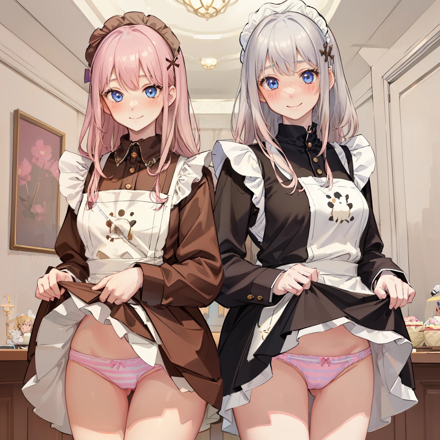 highest quality、masterpiece、((2 girls:1.5))、((smile:1.3))、(blush:1.3)、Black Shirt、blouse、((fun!!))、(Small breasts)、()、Blonde、(Long sleeve)、((White apron:1.5))、((Maid))、((hair ornaments)),、Kamimei、look at me、 ((in house:1.5))、 Taking a break from watching the audience、Cowboy Shot、(Skirt lift:1.3),(Highly detailed pink striped panties:1.3)、(Highly detailed panties:1.3)、、(スカート that rolls up:1.3)、(Panties fully exposed:1.5)、Light blue eyes、long hair、Glowing Eyes