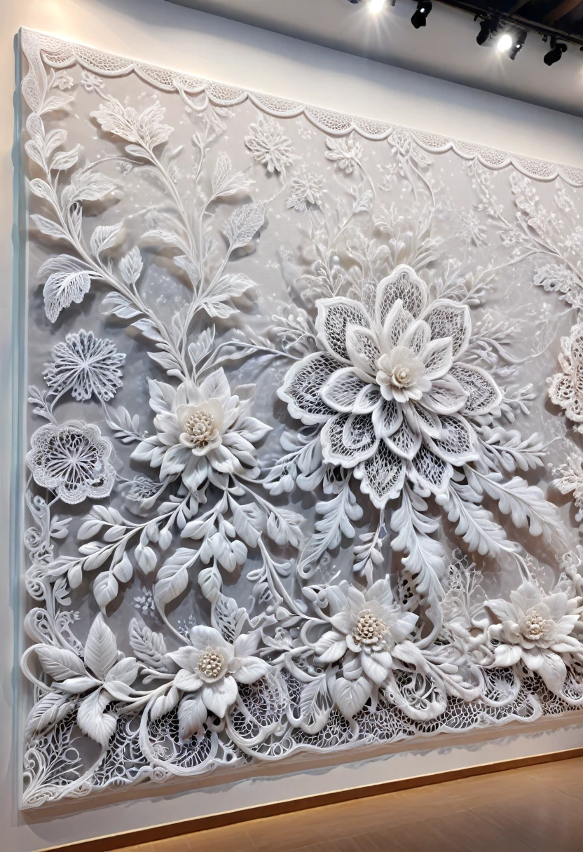 Art Gallery Exhibition, a huge white lace art is hung on the wall. Under the light, the texture of lace is clear, like a frozen fabric sculpture, attracting people to stop and watch, (masterpiece, best quality, Professional, perfect composition, very aesthetic, absurdres, ultra-detailed, intricate details:1.3)