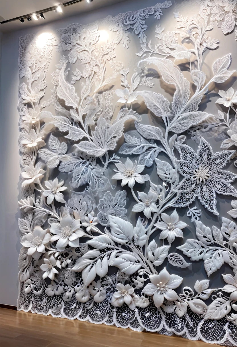 Art Gallery Exhibition, a huge white lace art is hung on the wall. Under the light, the texture of lace is clear, like a frozen fabric sculpture, attracting people to stop and watch, (masterpiece, best quality, Professional, perfect composition, very aesthetic, absurdres, ultra-detailed, intricate details:1.3)