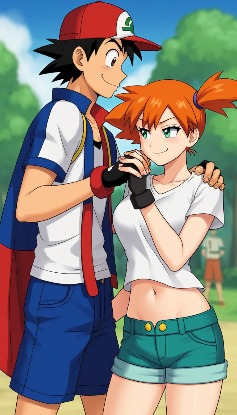 1boy, ash ketchum, red baseball cap, open blue jacket, white t-shirt, white short sleeves jacket, dark blue bermuda shorts, fingerless gloves, black hair, brown eyes, hair between eyes, smug look 

1girl, misty, Pokémon, orange hair, green eyes, side ponytail, white tank top showing her belly button, blue jeans shorts, nervous look 

a beautiful photography of a 18 years old couple, he's flirting with her, they're both bondage and tangled up for the red string of fate, looking at each other, holding hands