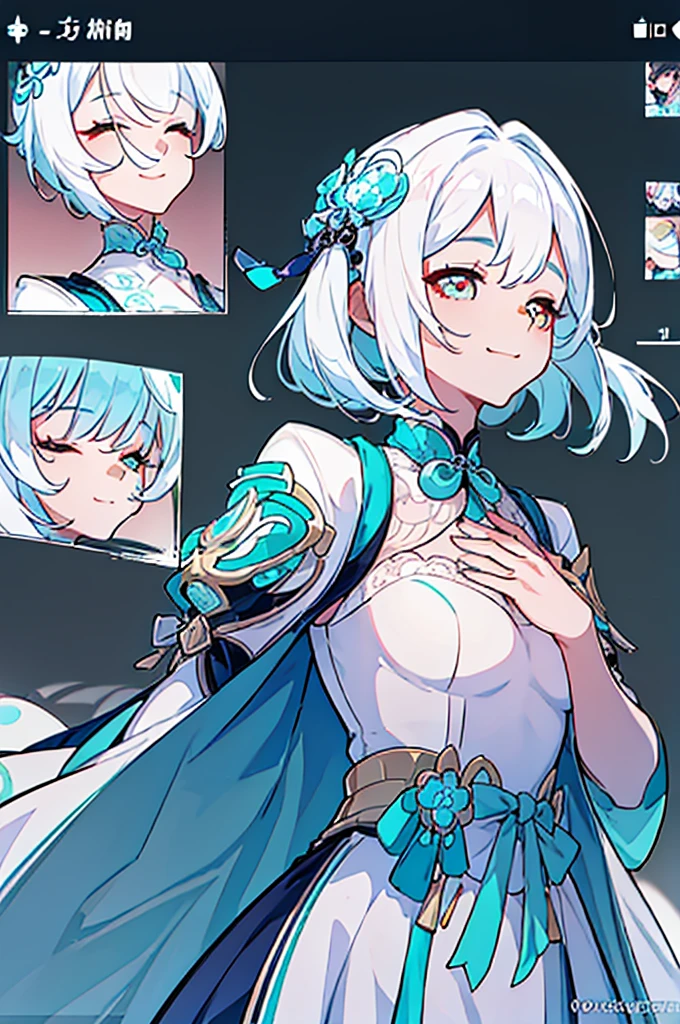 ((genshin impact screenshot, Masterpiece: 1.5, best quality, high resolution: 1.3, super resolution, super detailed, ultra detailed: 1.3, Perfect Anatomy:1.5, 1 woman) pale skin + very long straight white hair + eyes closed + white eyelashes + female figure + cyan Chinese makeup (qipao, lace coat, light accessories, delicate hairstyle, no bangs on the face) ((closed eyes, smile))