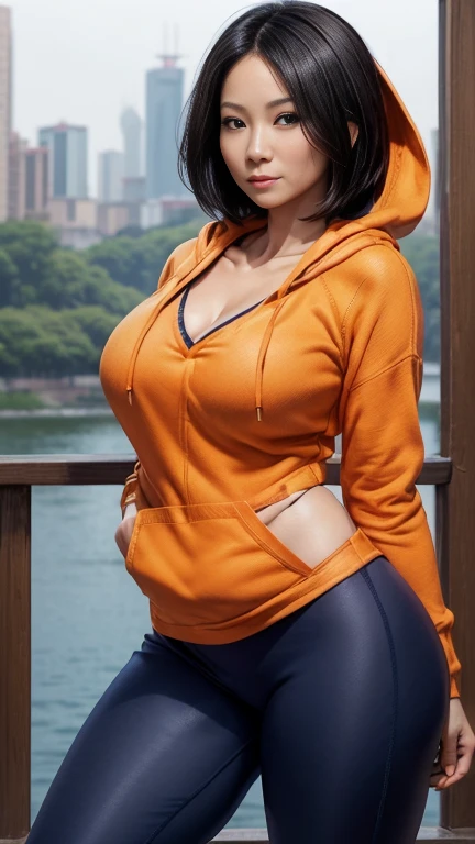 (masterpiece), best quality, expressive eyes, perfect face, (China City background), (standing), (smirk), (closeup view), (1girl, age 18+, Lucy Liu, asian, fair skin, black hair, short hair parted by the middle, bob hairstyle, brown eyes, hourglass figure, thin body, skinny body, petite_body, large breasts, huge breasts, oppai), (((orange v-neck hoodie sweater)), exposed cleavage, croptop, long sleeve, ((skin-tight navy-blue leggings)), cameltoe, tennis shoes),