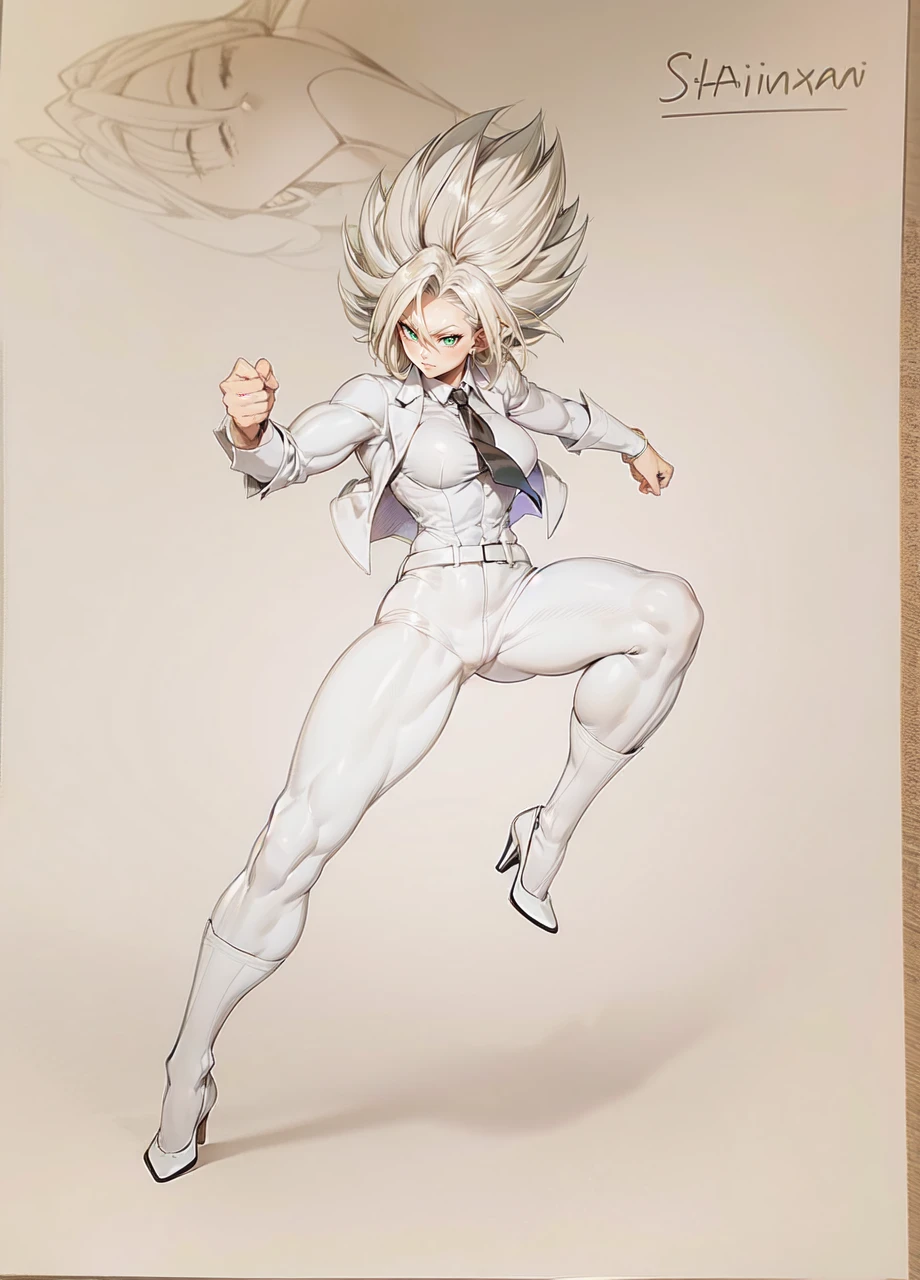 Female , curvy , athletic body , ABS , muscular , black pants , black heels , white short shirt , violet tie , saiyan hair , green eyes , black vest