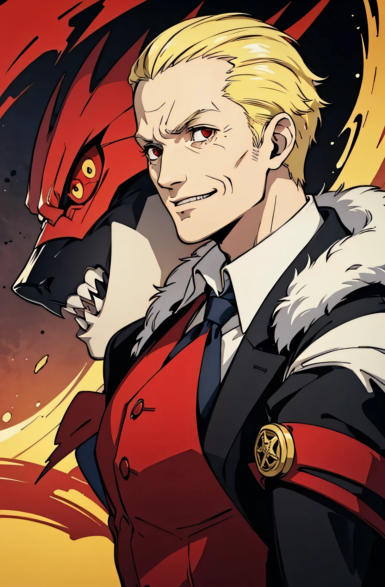 1 old man, blonde hair, suit, portrait,  red eyes,furious,evil smile,80 years old,