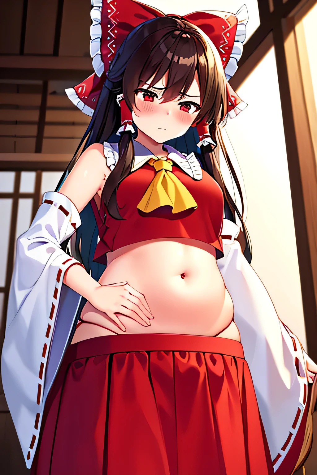 super fine illustration, vibrant colors, masterpiece, sharp focus, best quality, depth of field, cinematic lighting, ultra detailed, blush, annoyed, belly, shrine maiden, hakurei reimu, 1girl, hair bow, ascot, hair tubes, detached sleeves, looking down, red shirt, red skirt, long hair, dark brown hair, indoors, mature woman