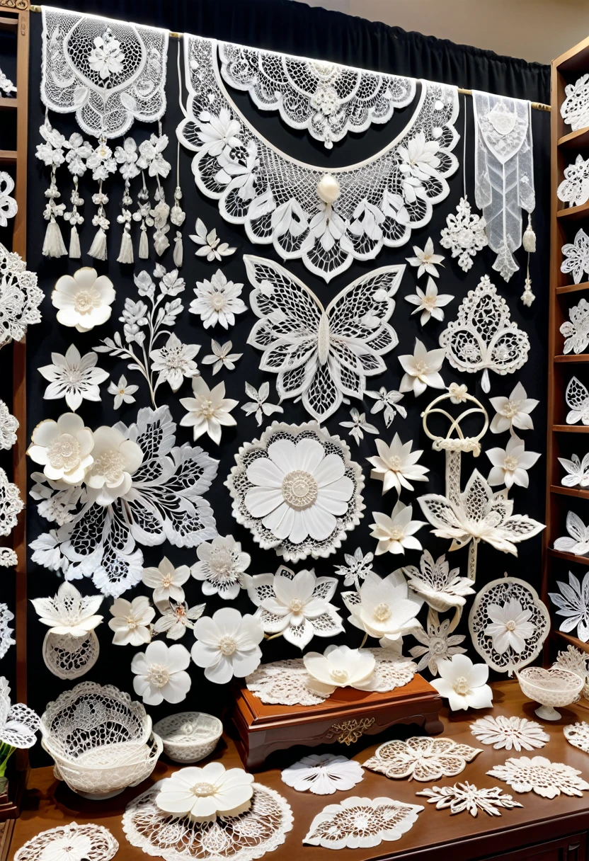 Display of handicrafts, a booth is equipped with a variety of white lace handicrafts, from small lace bookmarks to complex lace masks, each of which shows the craftsman's exquisite skills, (masterpiece, best quality, Professional, perfect composition, very aesthetic, absurdres, ultra-detailed, intricate details:1.3)