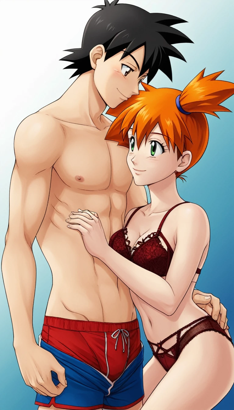 1boy, black hair, short hair, brown eyes, hair between eyes, ash ketchum, shirtless, boxers 1girl, misty pokémon, orange hair, green eyes, side ponytail, lingerie a beautiful photography of a 18 years old couple, they're both tangled up for the red string of fate, holding hands