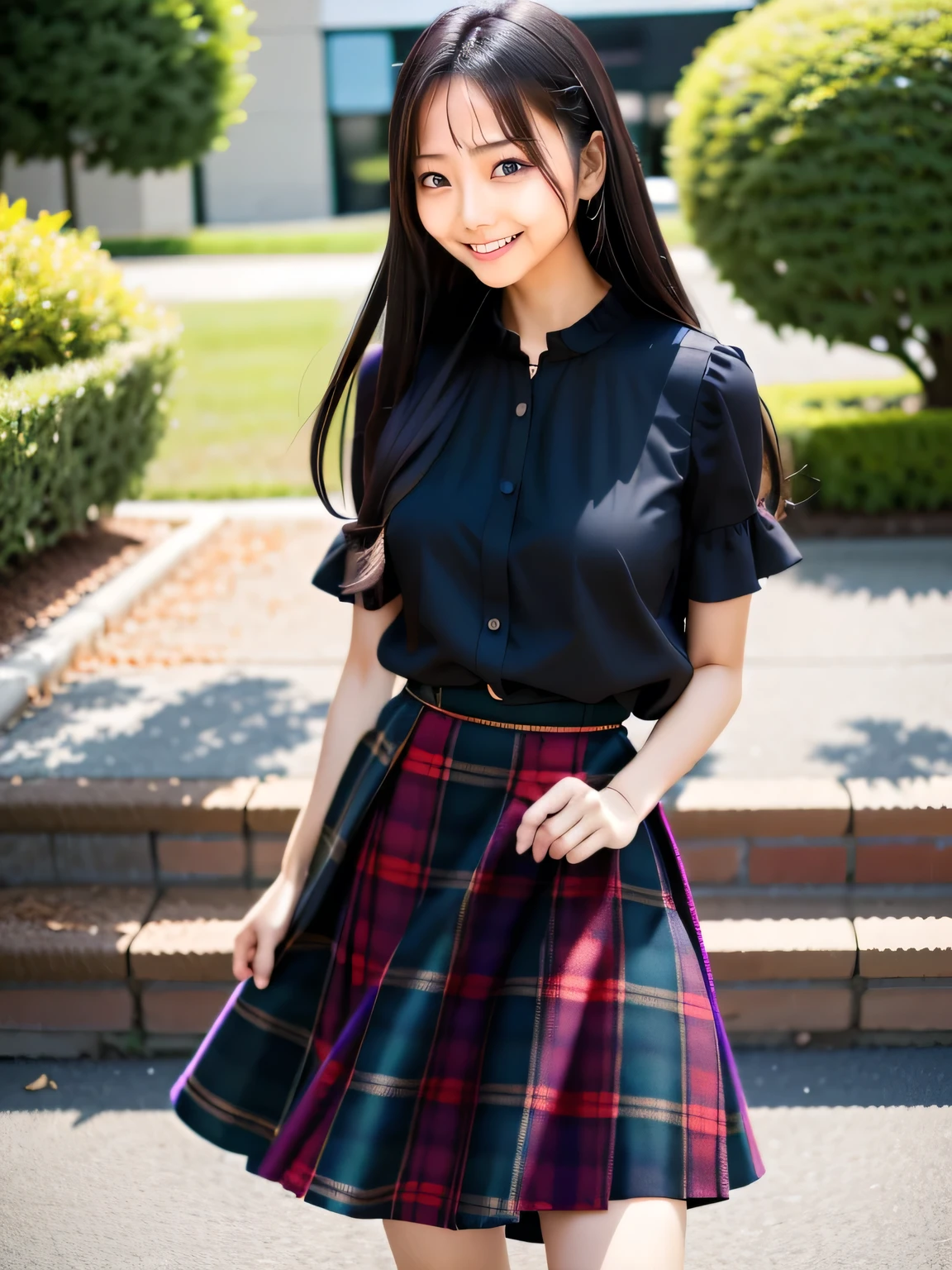 Long, straight black hair, Wearing a black blouse, Bvlgari Check Skirt, Asymmetric!!, long tartan skirt, dancing, Posing, Jumping, Face that faithfully reproduces the face of LoRA, High resolution, Very detailed, highest quality
