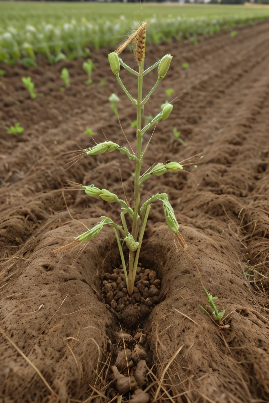 germinating wheat seed coming out of the ground, blooming in a green field.
